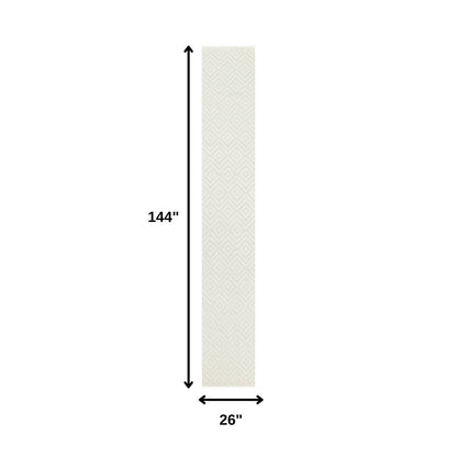 12' Ivory And White Geometric Indoor Outdoor Runner Rug