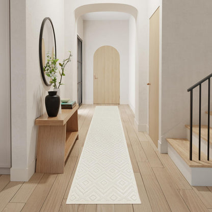12' Ivory And White Geometric Indoor Outdoor Runner Rug HomeRoots