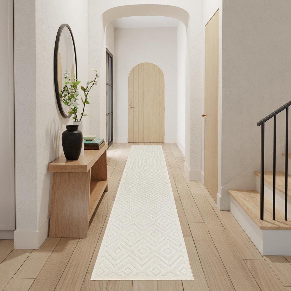 12' Ivory And White Geometric Indoor Outdoor Runner Rug