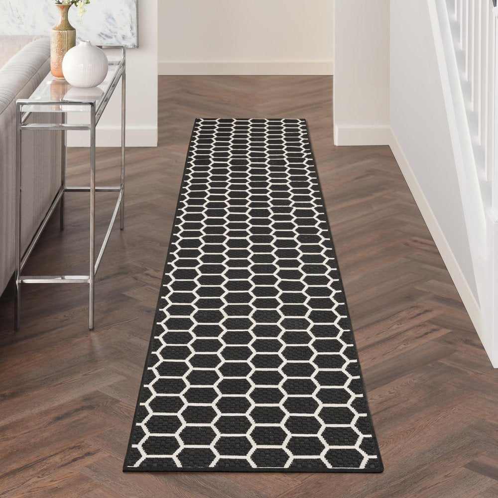 12' Black And Ivory Geometric Indoor Outdoor Runner Rug HomeRoots