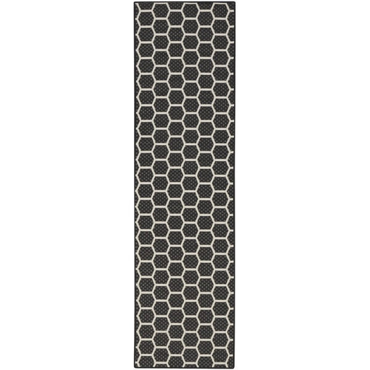 12' Black And Ivory Geometric Indoor Outdoor Runner Rug