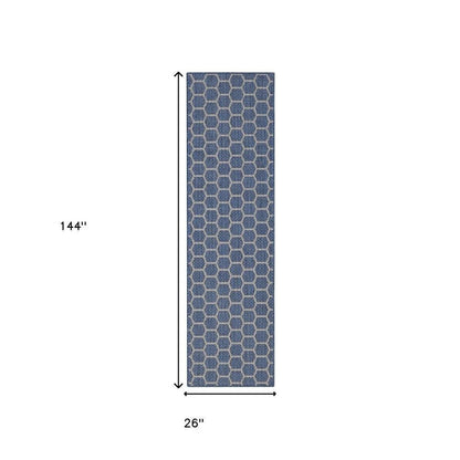 12' Blue And Ivory Geometric Indoor Outdoor Runner Rug HomeRoots
