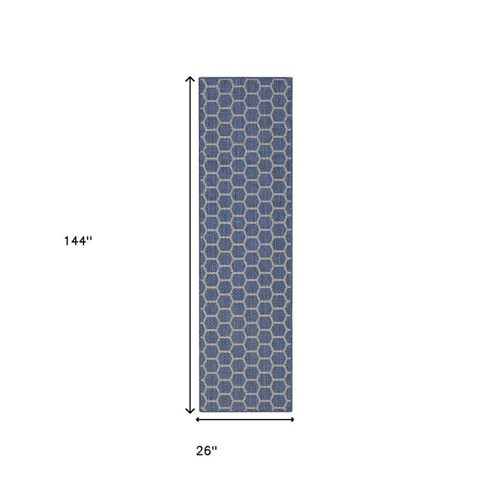 12' Blue And Ivory Geometric Indoor Outdoor Runner Rug — view 12