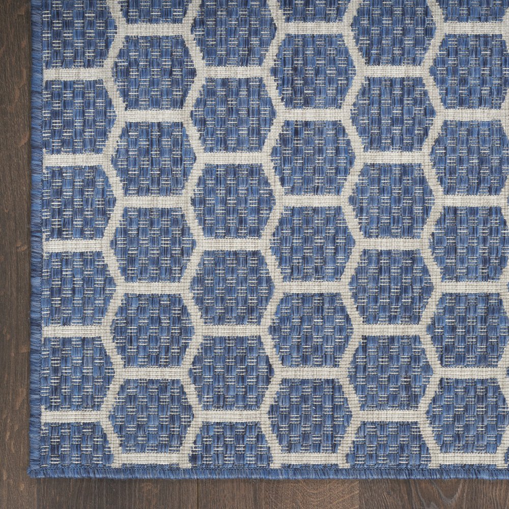 12' Blue And Ivory Geometric Indoor Outdoor Runner Rug HomeRoots