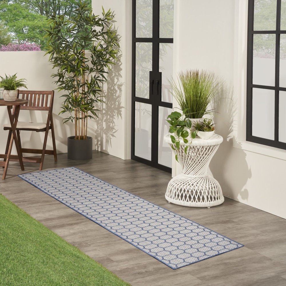 12' Blue And Ivory Geometric Indoor Outdoor Runner Rug HomeRoots