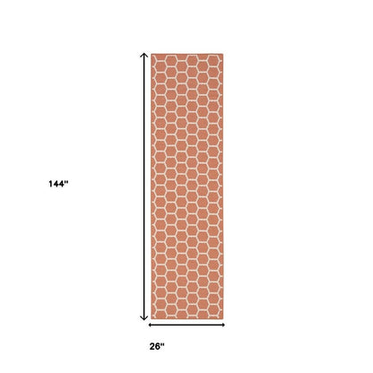 12' Coral And Ivory Geometric Indoor Outdoor Runner Rug HomeRoots