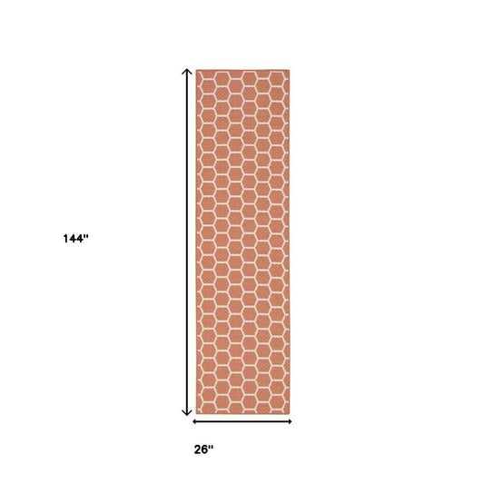 12' Coral And Ivory Geometric Indoor Outdoor Runner Rug