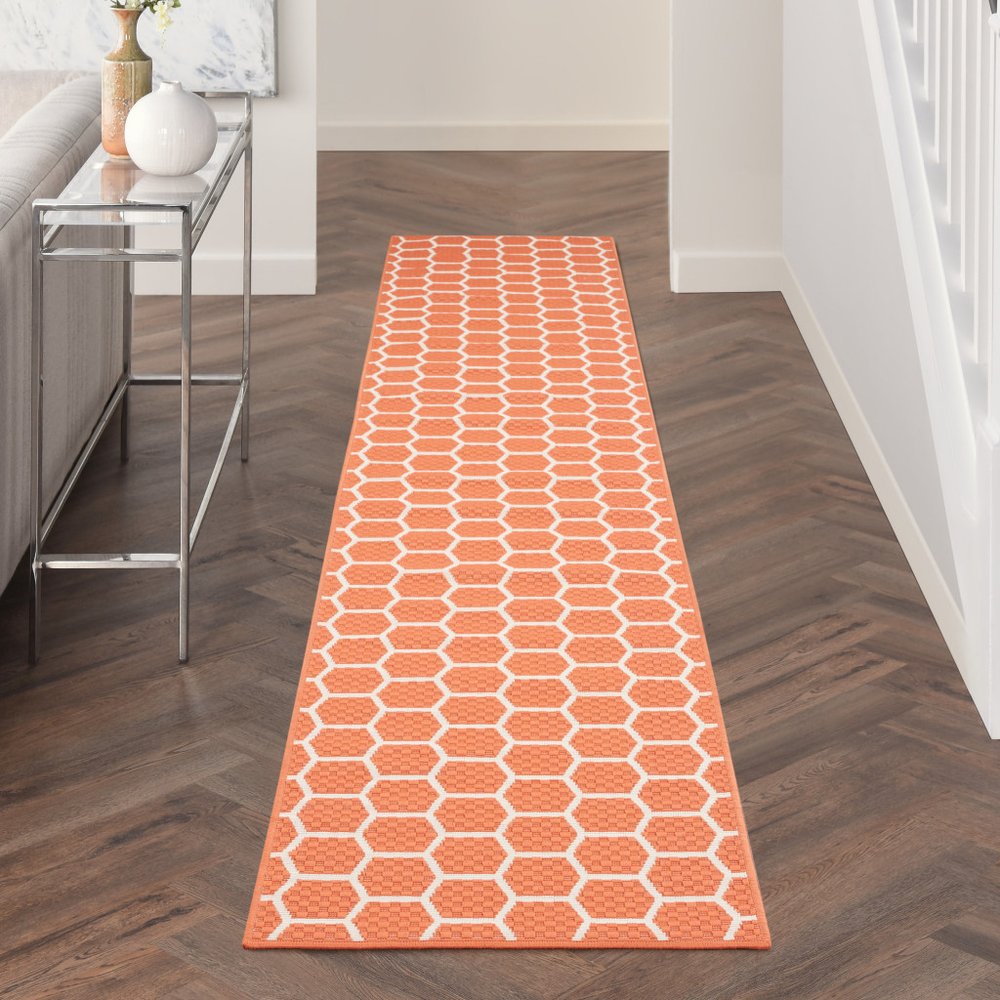 12' Coral And Ivory Geometric Indoor Outdoor Runner Rug — view 7