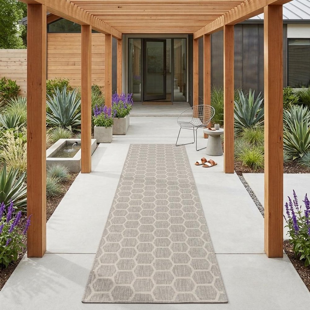 12' Gray And Ivory Geometric Indoor Outdoor Runner Rug HomeRoots