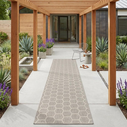 12' Gray And Ivory Geometric Indoor Outdoor Runner Rug HomeRoots