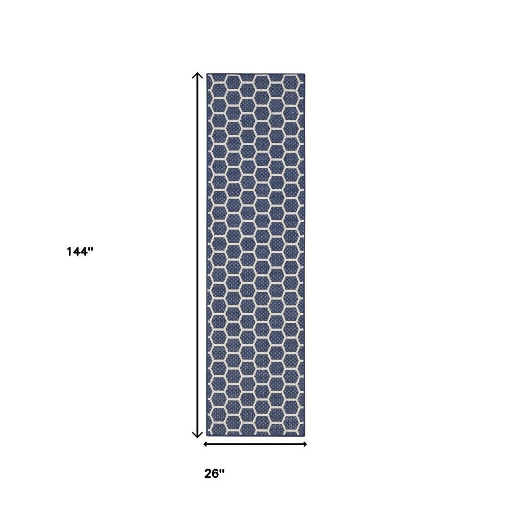 12' Navy Blue And Ivory Geometric Indoor Outdoor Runner Rug — view 2