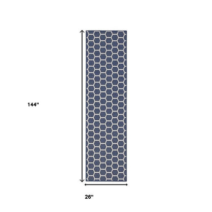 12' Navy Blue And Ivory Geometric Indoor Outdoor Runner Rug HomeRoots