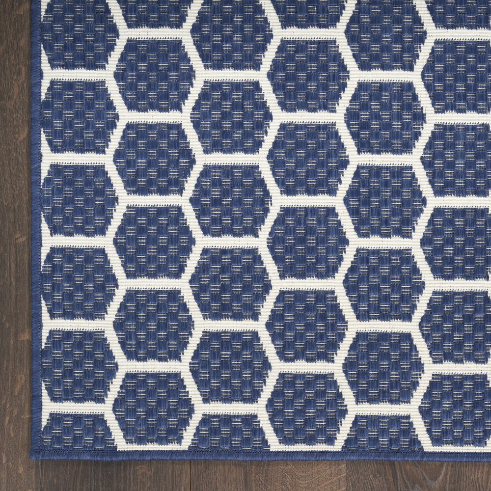 12' Navy Blue And Ivory Geometric Indoor Outdoor Runner Rug HomeRoots