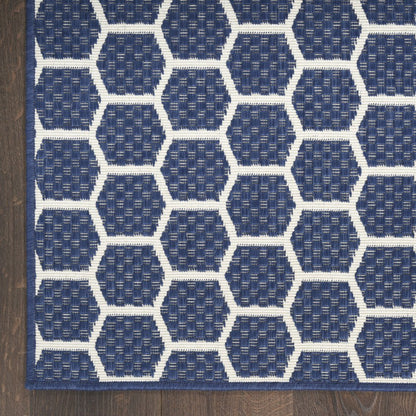 12' Navy Blue And Ivory Geometric Indoor Outdoor Runner Rug HomeRoots