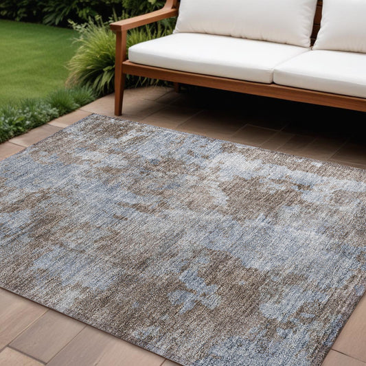 8' X 10' Mocha and Blue Abstract Washable Non Skid Indoor Outdoor Area Rug