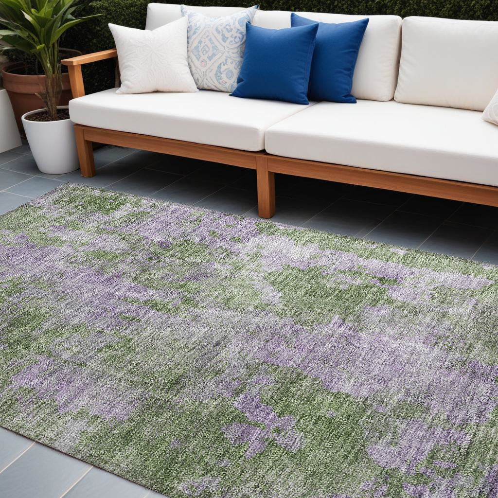 8' X 10' Green and Purple Abstract Washable Non Skid Indoor Outdoor Area Rug