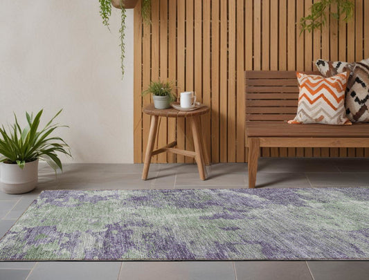 8' Runner Purple and Green Abstract Washable Non Skid Indoor Outdoor Runner Rug