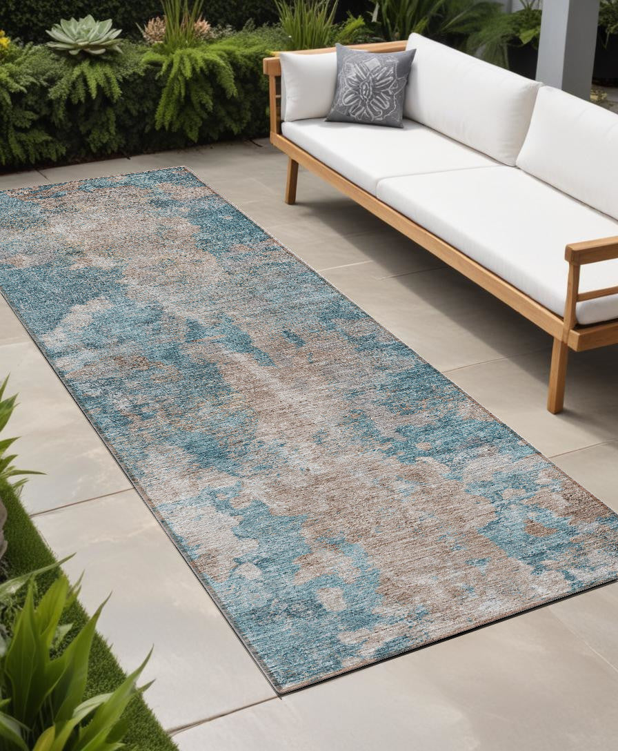 8' Runner Teal and Taupe Abstract Washable Non Skid Indoor Outdoor Runner Rug