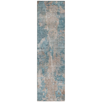 8' Runner Teal and Taupe Abstract Washable Non Skid Indoor Outdoor Runner Rug