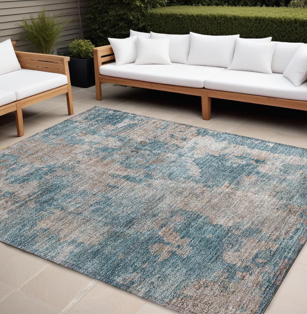 8' X 10' Teal and Taupe Abstract Washable Non Skid Indoor Outdoor Area Rug