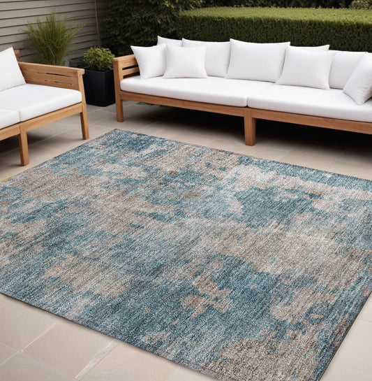 9' X 12' Teal and Taupe Abstract Washable Non Skid Indoor Outdoor Area Rug