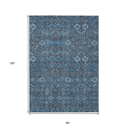 8' X 10' Blue and Black Floral Washable Non Skid Indoor Outdoor Area Rug