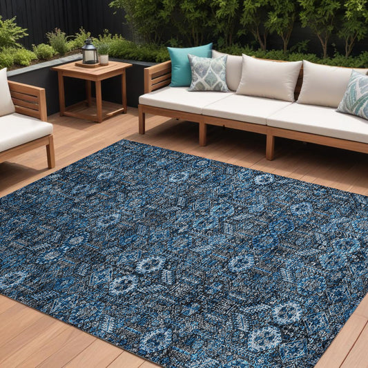 8' X 10' Blue and Black Floral Washable Non Skid Indoor Outdoor Area Rug