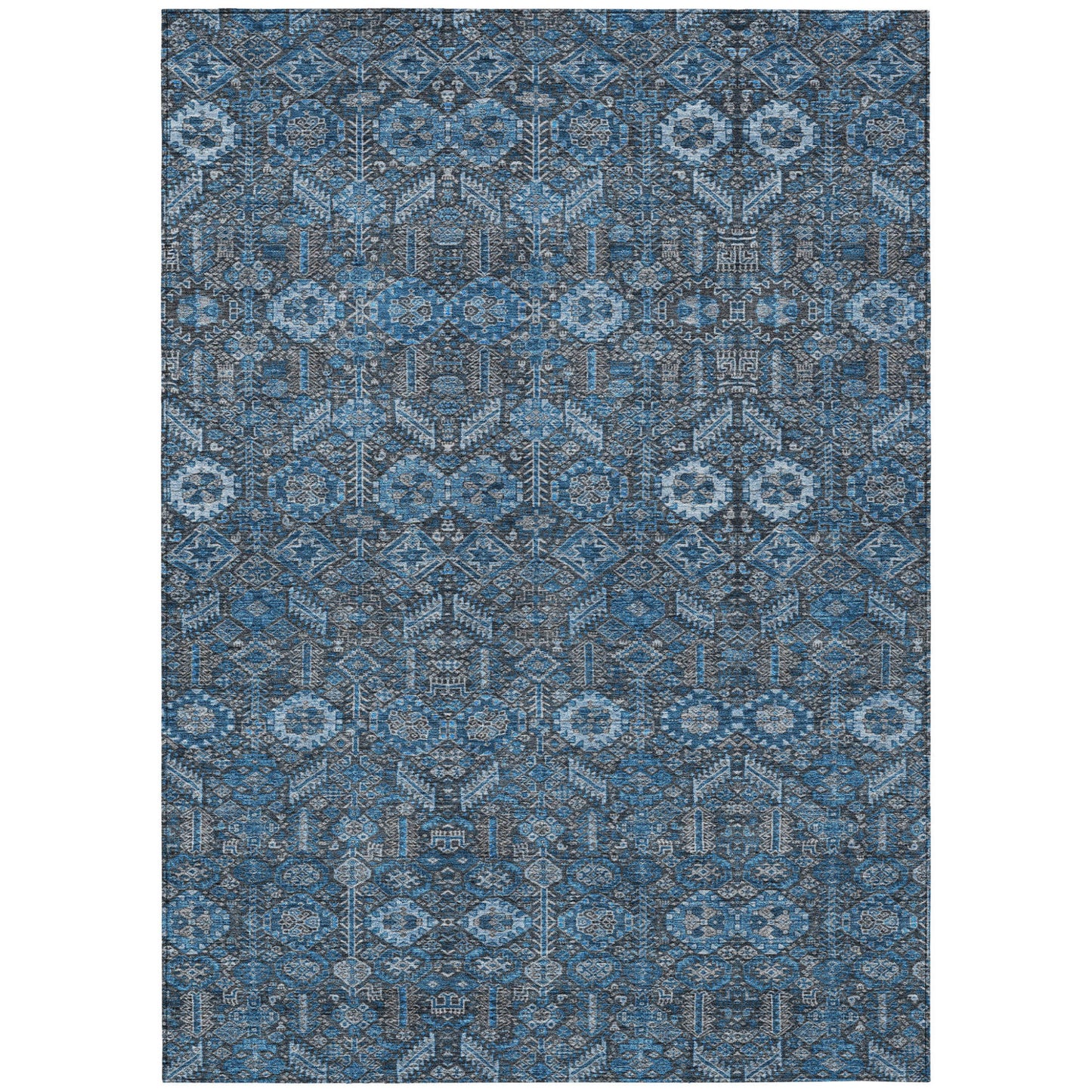 8' X 10' Blue and Black Floral Washable Non Skid Indoor Outdoor Area Rug