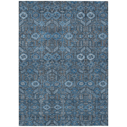 8' X 10' Blue and Black Floral Washable Non Skid Indoor Outdoor Area Rug