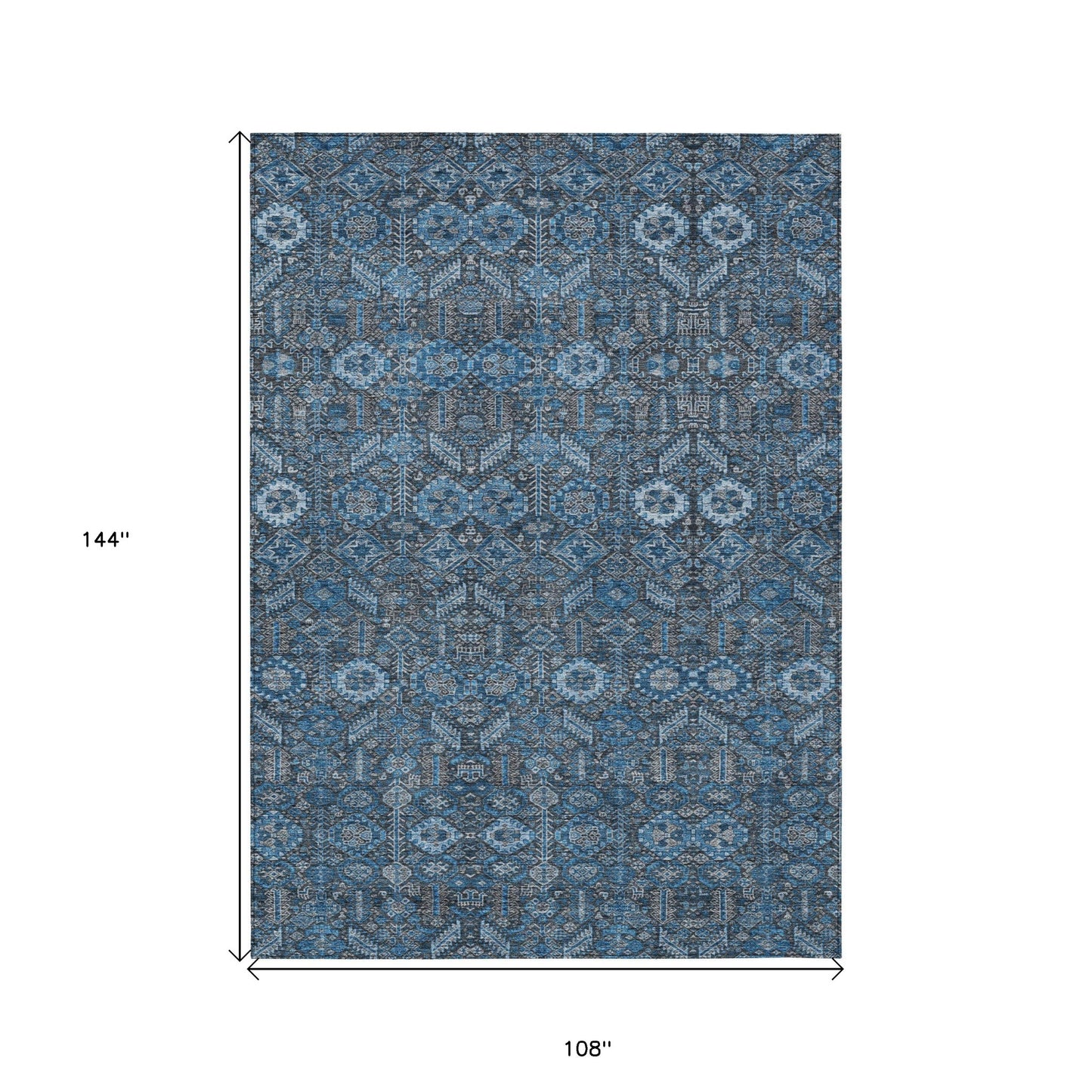 9' X 12' Blue and Black Floral Washable Non Skid Indoor Outdoor Area Rug