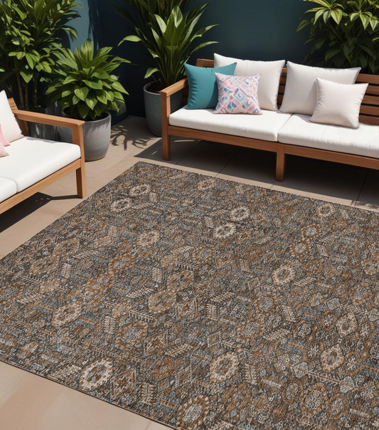 8' X 10' Chocolate Floral Washable Non Skid Indoor Outdoor Area Rug