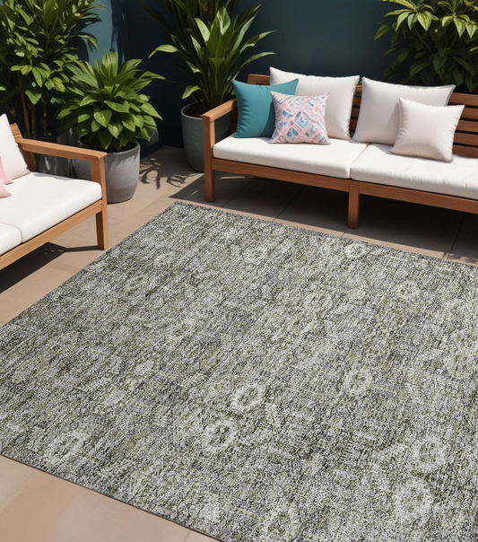 8' X 10' Cream and Tan Floral Washable Non Skid Indoor Outdoor Area Rug