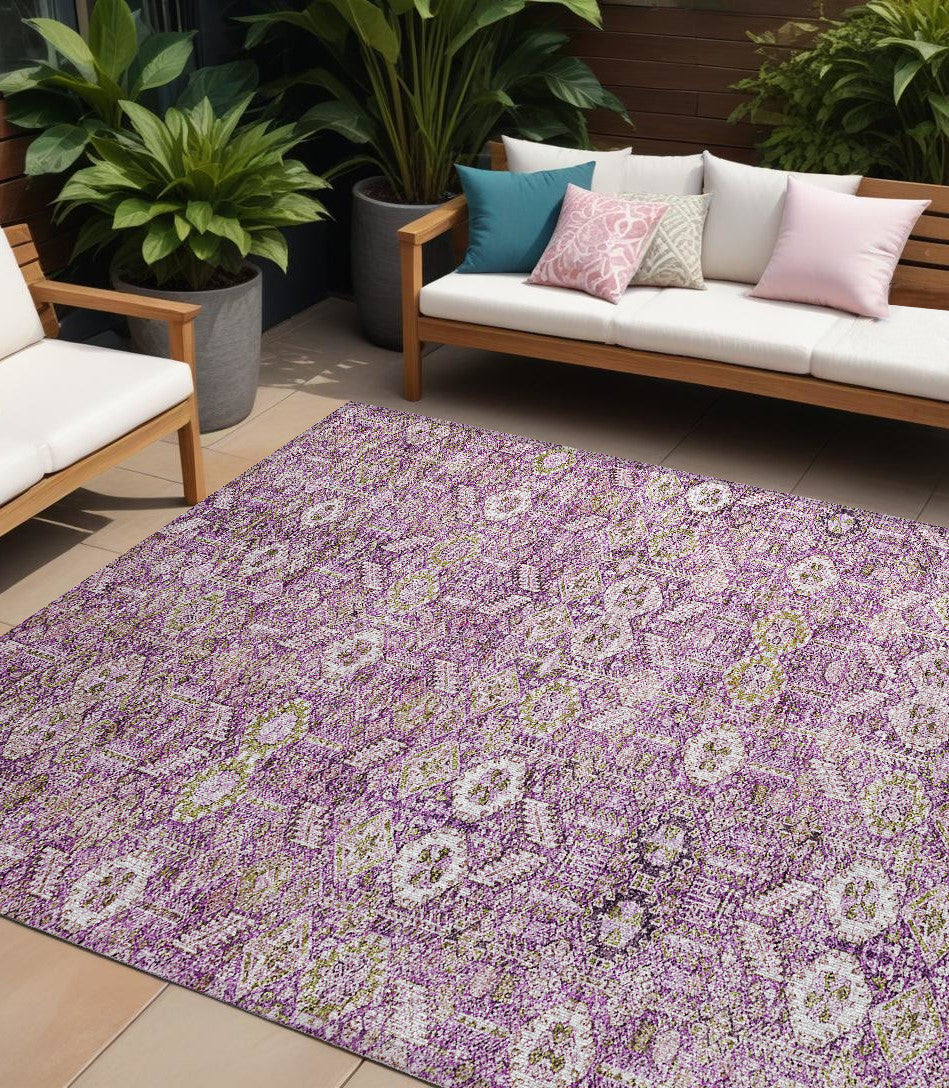 8' X 10' Lavender and Ivory Floral Washable Non Skid Indoor Outdoor Area Rug