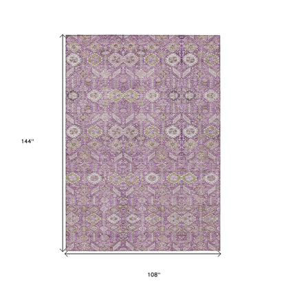 9' X 12' Lavender and Ivory Floral Washable Non Skid Indoor Outdoor Area Rug