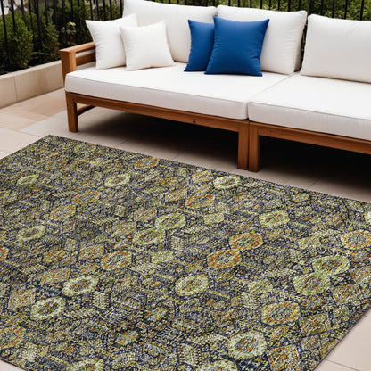 8' X 10' Blue and Orange Floral Washable Non Skid Indoor Outdoor Area Rug