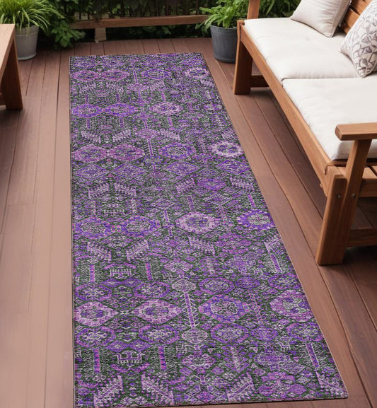 8' Runner Purple and Green Floral Washable Non Skid Indoor Outdoor Runner Rug