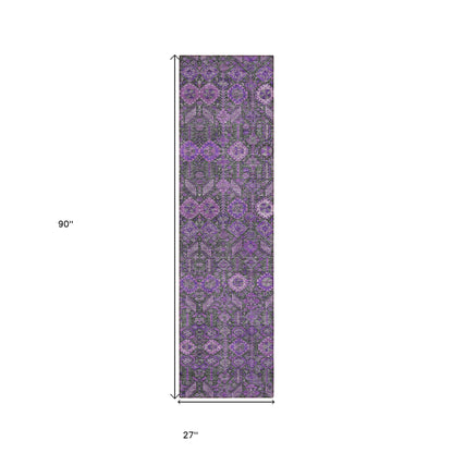 8' Runner Purple and Green Floral Washable Non Skid Indoor Outdoor Runner Rug