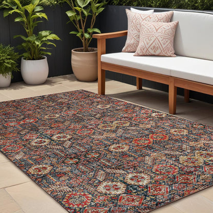 8' X 10' Red and Dark Blue Floral Washable Non Skid Indoor Outdoor Area Rug