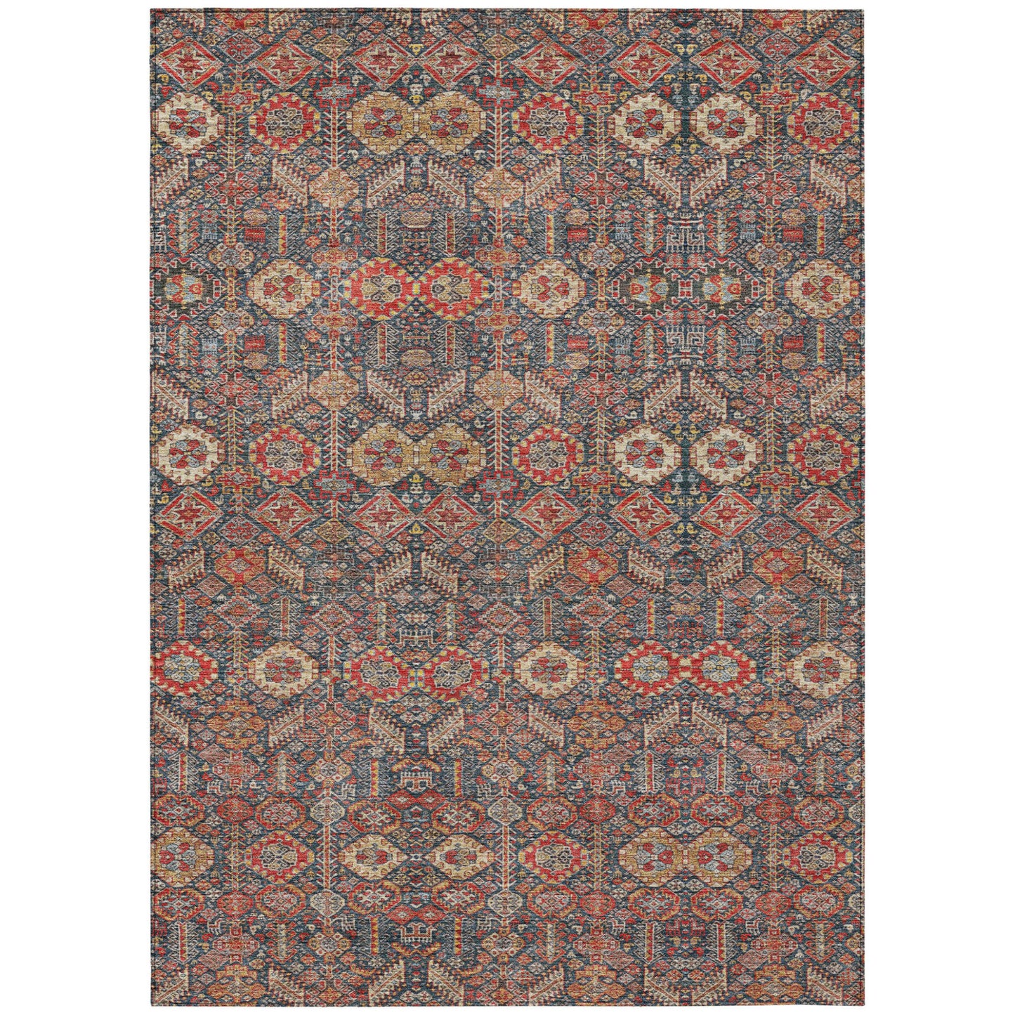 8' X 10' Red and Dark Blue Floral Washable Non Skid Indoor Outdoor Area Rug