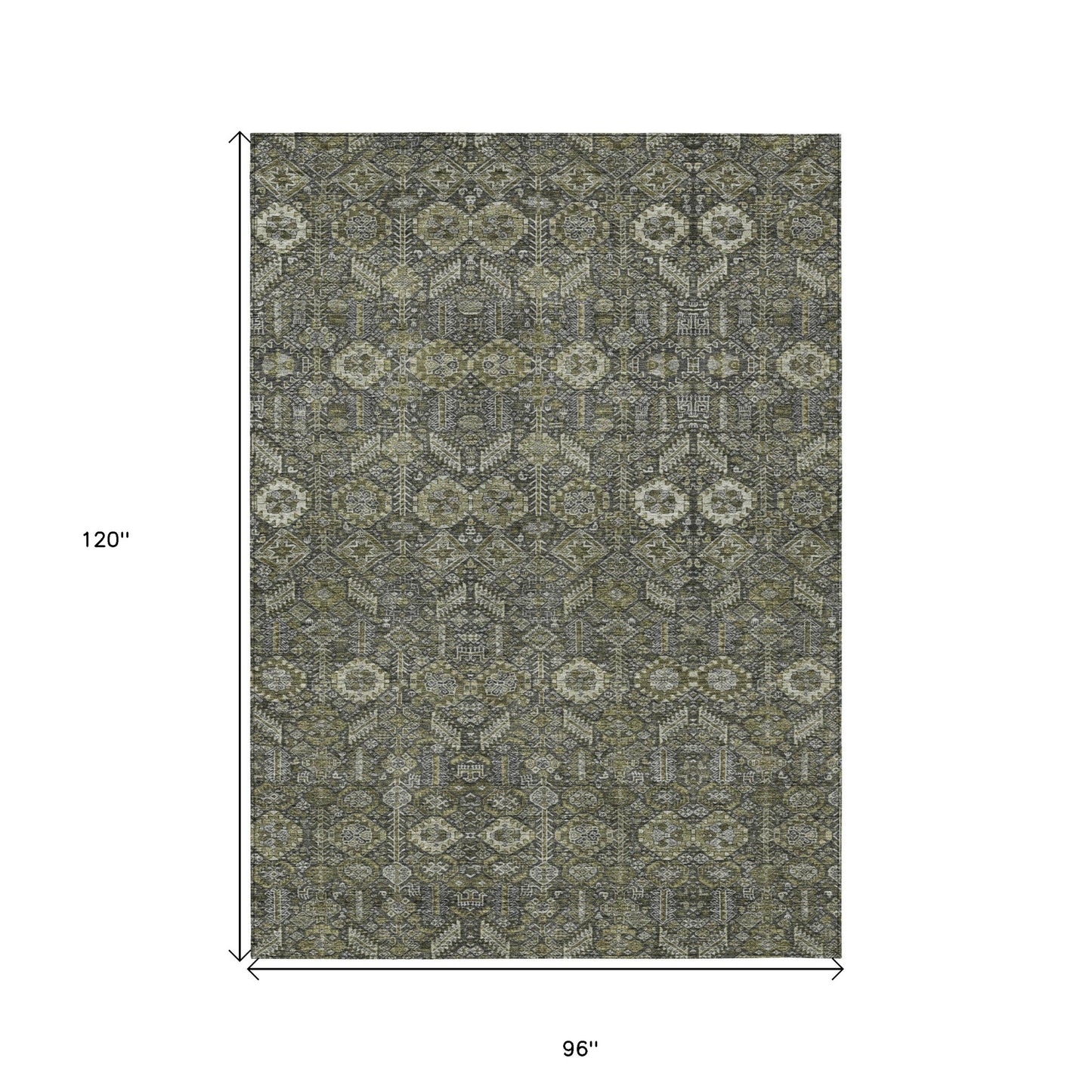 8' X 10' Moss Green and Gray Floral Washable Non Skid Indoor Outdoor Area Rug