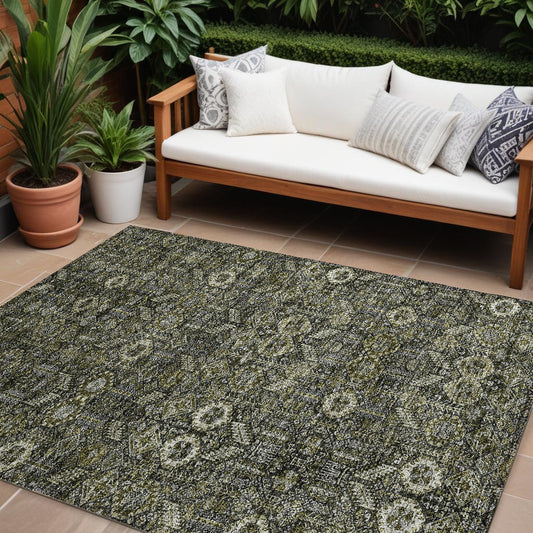 8' X 10' Moss Green and Gray Floral Washable Non Skid Indoor Outdoor Area Rug