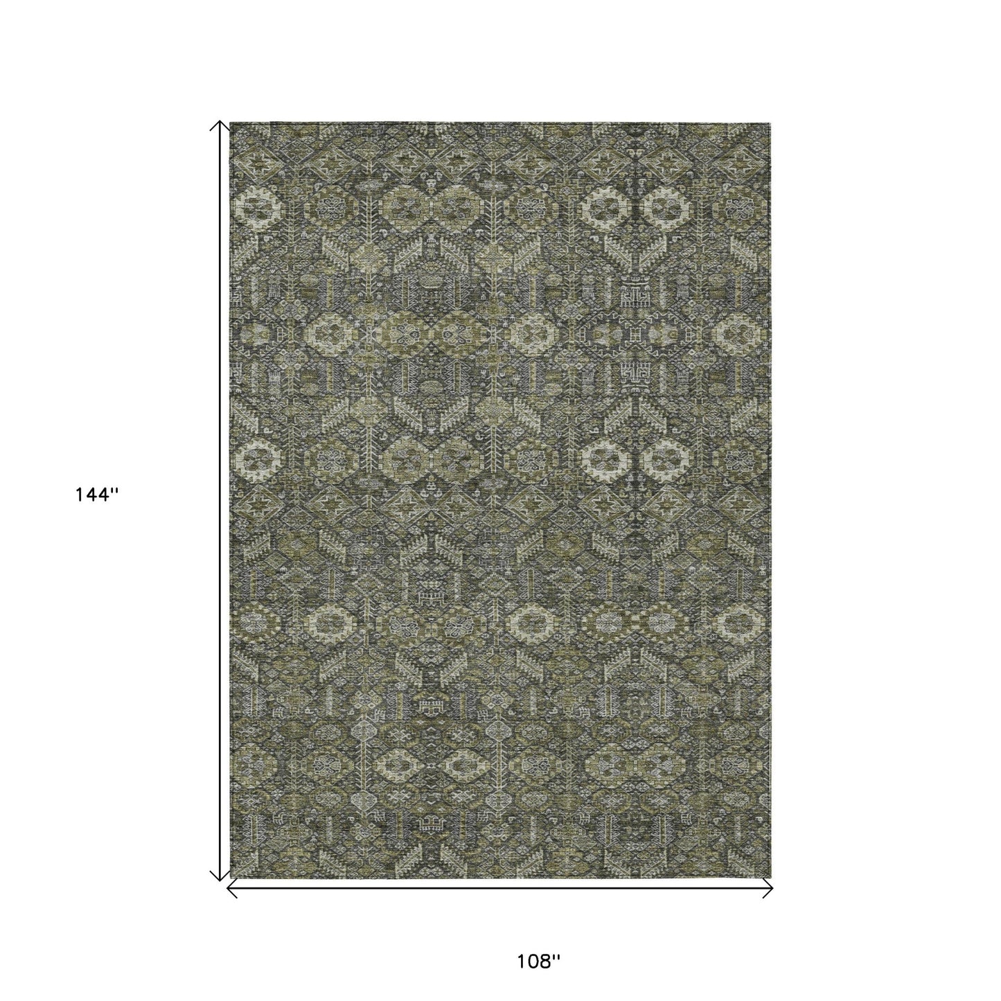 9' X 12' Moss Green and Gray Floral Washable Non Skid Indoor Outdoor Area Rug