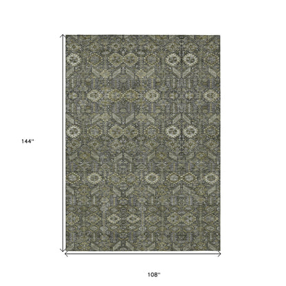 9' X 12' Moss Green and Gray Floral Washable Non Skid Indoor Outdoor Area Rug