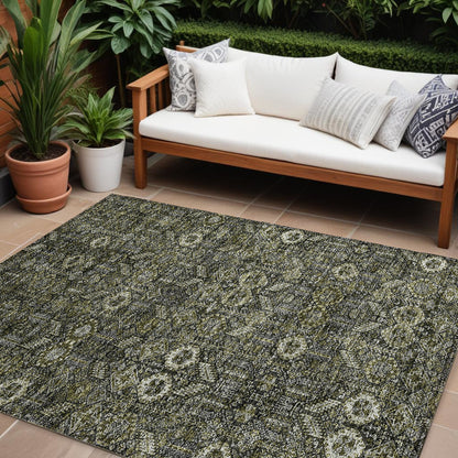 9' X 12' Moss Green and Gray Floral Washable Non Skid Indoor Outdoor Area Rug