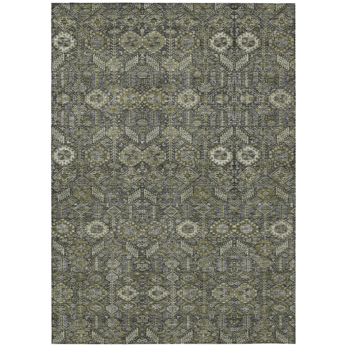 9' X 12' Moss Green and Gray Floral Washable Non Skid Indoor Outdoor Area Rug