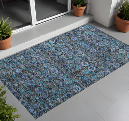 2' X 3' Blue and Coffee Floral Washable Non Skid Indoor Outdoor Area Rug