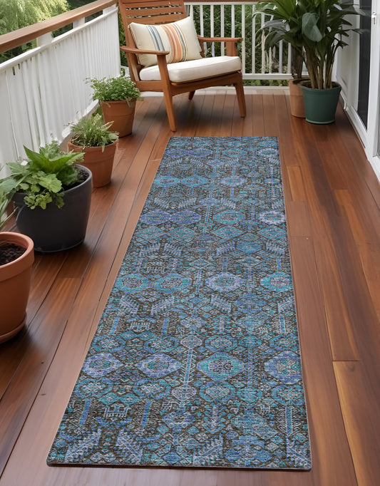 8' Runner Blue and Coffee Floral Washable Non Skid Indoor Outdoor Runner Rug