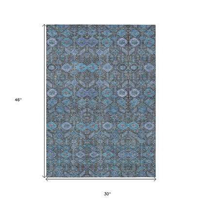 3' X 4' Blue and Coffee Floral Washable Non Skid Indoor Outdoor Area Rug