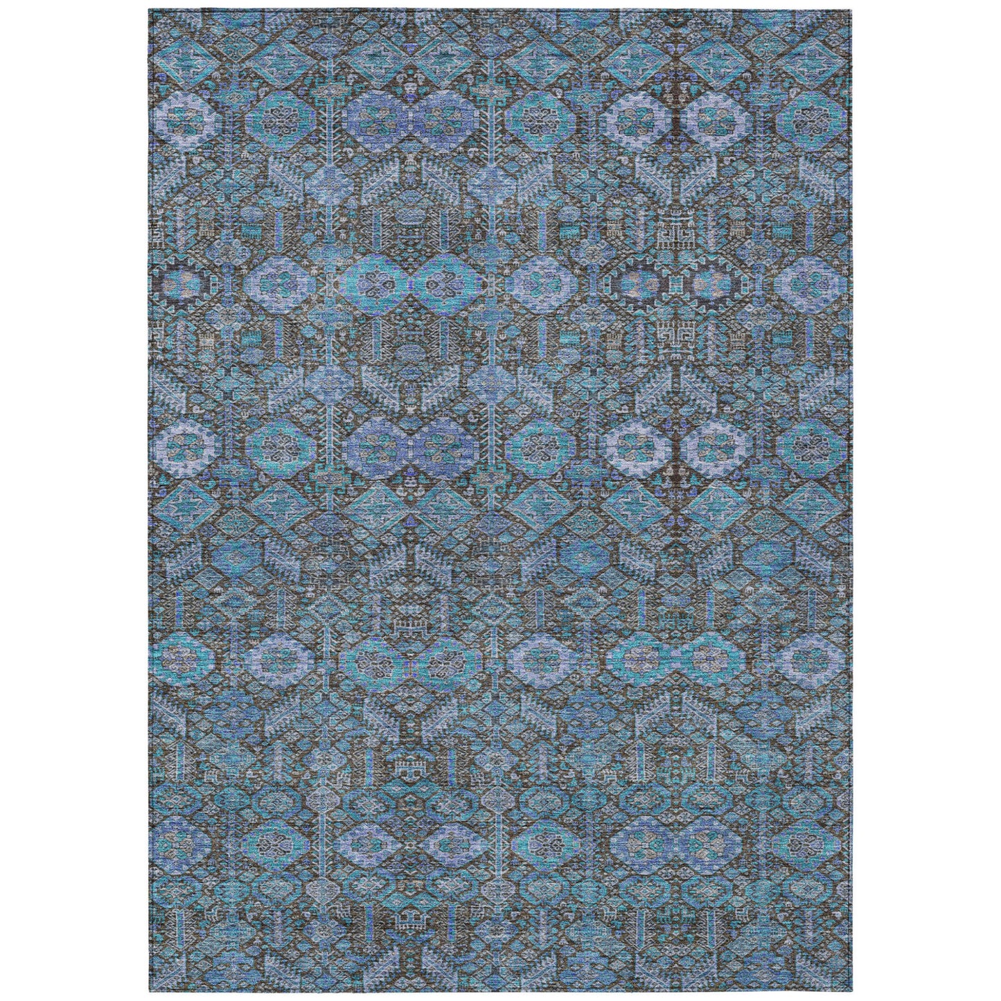 3' X 5' Blue and Coffee Floral Washable Non Skid Indoor Outdoor Area Rug