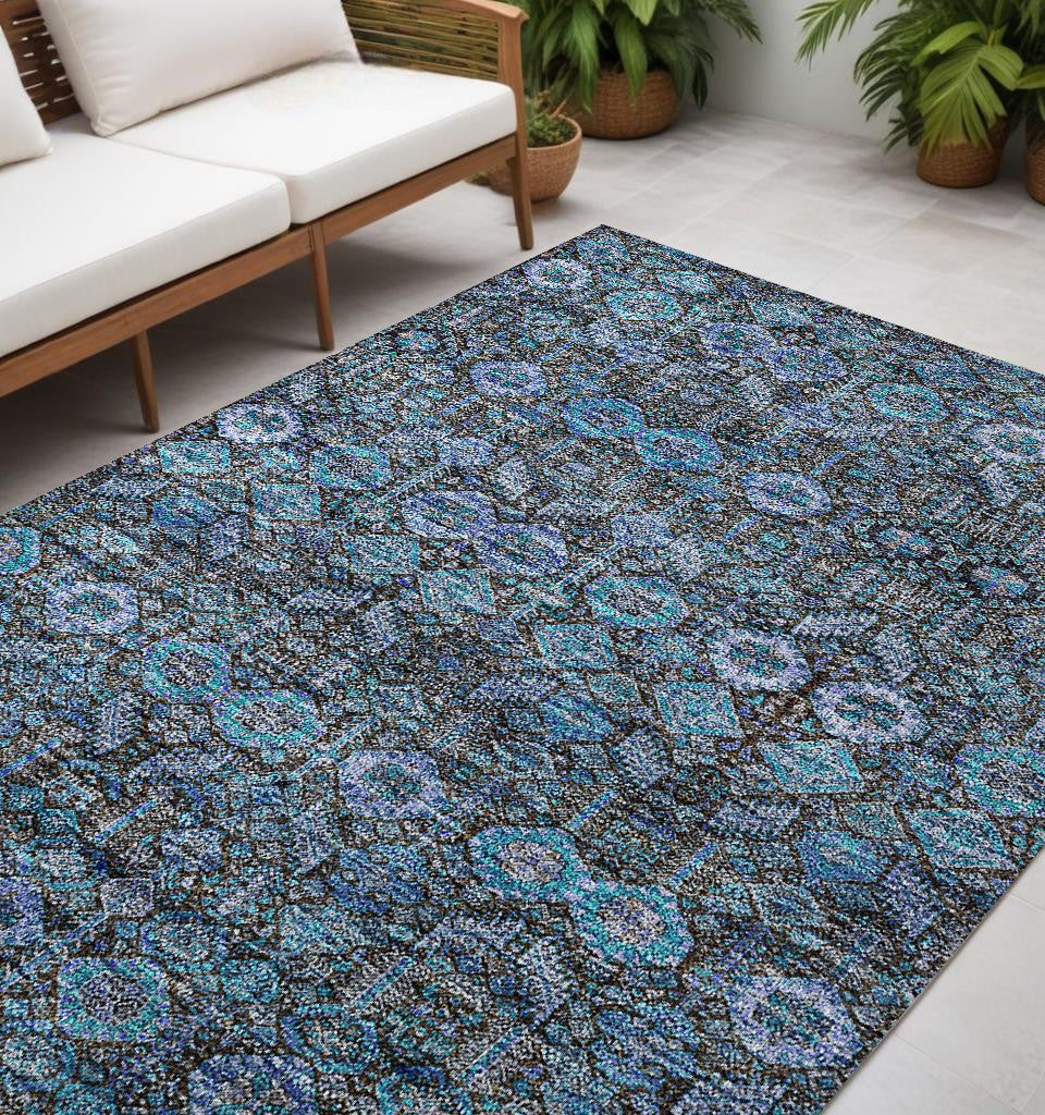 5' X 8' Blue and Coffee Floral Washable Non Skid Indoor Outdoor Area Rug